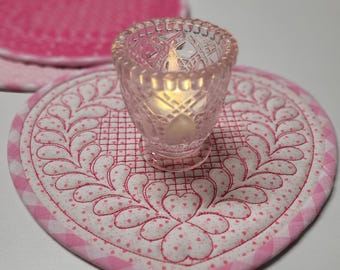 Pink Valentine Heart Mug Rug/Candle Mat, 3 Fabric Choices, 9.25"x8"