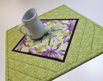 Quilted Kaleidoscope Candle Mat, Floral Mug Mat, Dragonflies and Waterlilies Plant Mat, Green and Purple Mini Quilt, 11.5"x11.5"