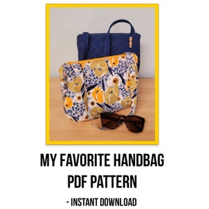 Puede incluir: Un patrón PDF para un bolso de mano floral con estampado floral azul y amarillo. El patrón está disponible para descarga instantánea.  "My Favorite Handbag PDF Pattern - Instant Download"