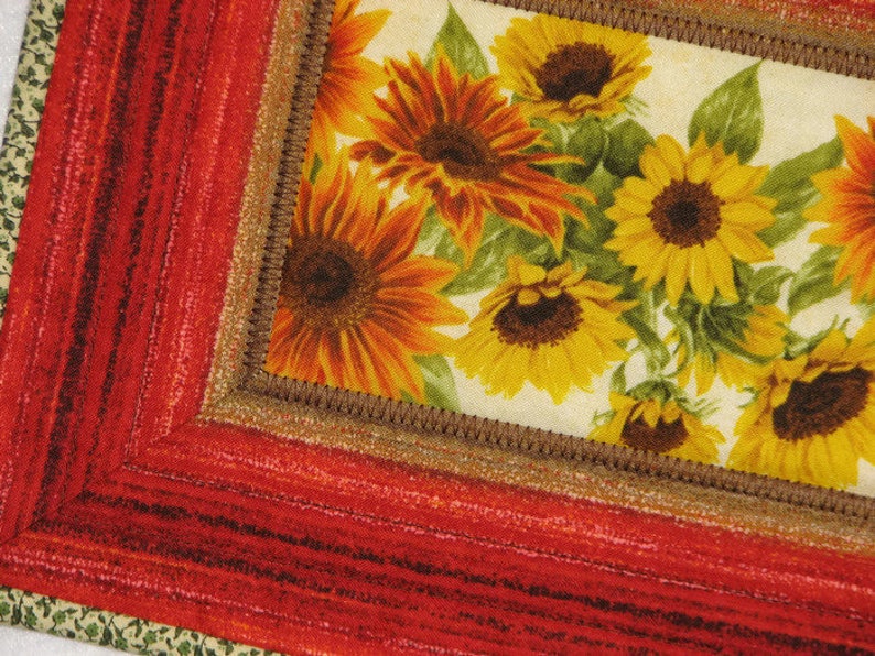Fabric Coaster Rust Yellow Green Candle Mat Handmade Sunflower Quilted Mug Mat Snack Mat Autumn Quilted Mug Rug 12.5x8.75 Plant Mat