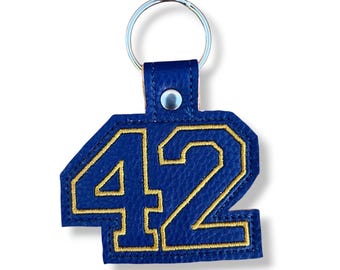 Number 42 Keychain: Blue Faux Leather, Gold Trim, 4-Inch Tall
