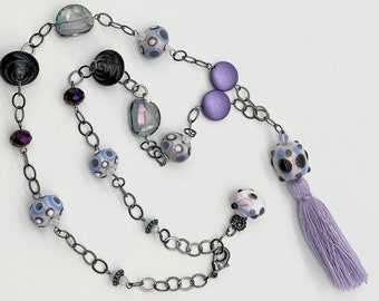Torch bead, tassel, and chain necklace - purple violet grey - Original OOAK Lampwork glass and mixed media Y-shape handmade jewelry