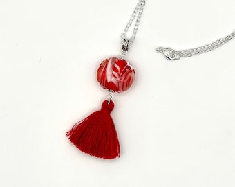 Handmade glass and tassel pendant necklace on silver chain Original Lampwork Bead Red/White Fun Layering Piece Gift