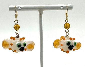 Handmade torch glass bead puffer fish earring (F) Cute Nautical crystal dangle original art glass lampwork whimsical fun unique jewelry