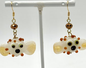 Handmade torch glass bead puffer fish earrings (D) Cute Nautical Crystal Dangle Original Art Glass Lampwork Whimsical Fun Unique Jewelry