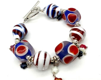 Handmade Lampwork Glass Patriotic Bracelet Red White and Blue with Silver Accents, toggle clasp and tiny dangly glass stars