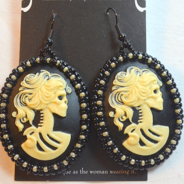 Handmade Skeleton Cameo Victorian lace beadwork dangle earrings perfect for Halloween and Spooky Season