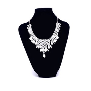 Handmade Bead and Crystal Monochrome Statement Necklace White Draped Net Dangles for Prom and special event with adjustable sizing image 1