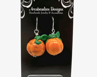 Lampwork Glass Pumpkin Earrings Handmade Torch bead Dangle Fall Autumn Harvest Fashion - Orange and Dark Green Teacher Fun Gift idea