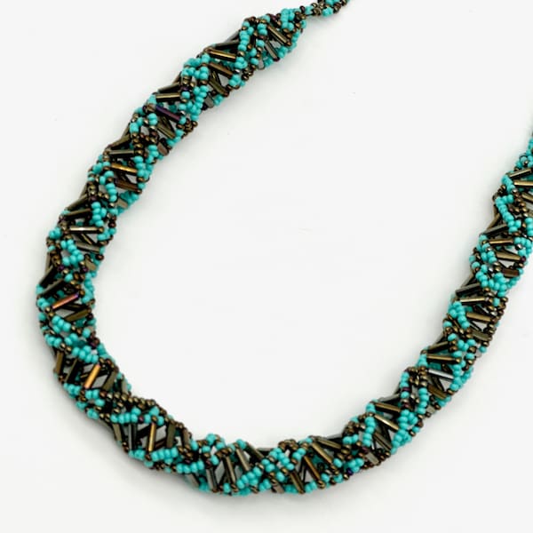 DNA Helix Bead Necklace with magnetic clasp - Turquoise and bronze BOHO color - super lightweight statement piece in a longer 21 inch length