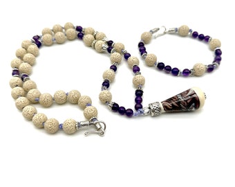 Lava and Amethyst stone bead necklace and bracelet set hand knotted on silk with lampwork glass bead focal and Bali silver accents