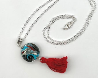 Handmade glass and tassel dangle necklace Lampwork glass bead pendant with red tassel silver chain necklace - Blue/Ivory/Gray Swirl