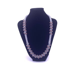 Handmade Spiral Seed Bead and Crystal Rope Necklace with silver end caps- Amethyst purple and Gray lovely winter statement piece