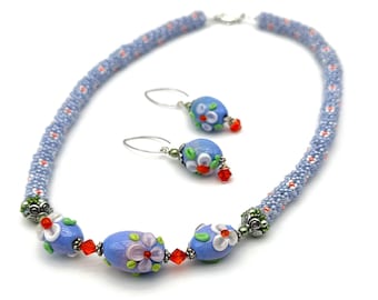 Blue Floral Lampwork Necklace and Earring Set