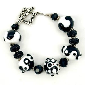 Original Lampwork Glass Bead Bracelet Black, White, and Silver Toggle clasp, and fun unique design Big, Chunky, Handmade torch beads