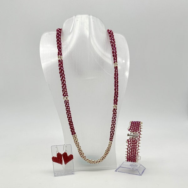 Handmade Beaded Jewelry Set - Raspberry Red and Silver - Long Necklace, bracelet, and earring ensemble perfect gift for mom, grandma, auntie