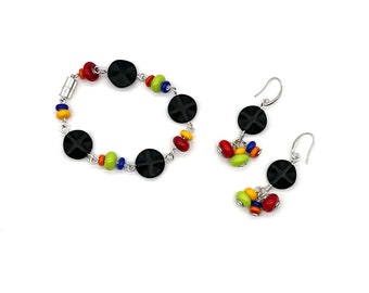 Colorful handmade glass bracelet and earring set
