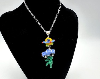 Torch bead They're Here! - Original OOAK Lampwork glass a handmade necklace with spaceship, truck, and alien on silver-plated chain