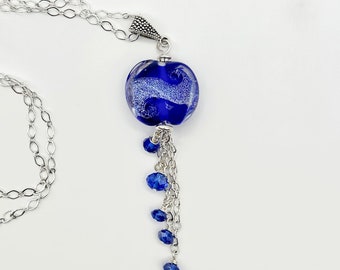 Handmade torch bead dichroic glass pendant necklace with 24 inch silver plated chain and crystal dangles great for layering and perfect gift