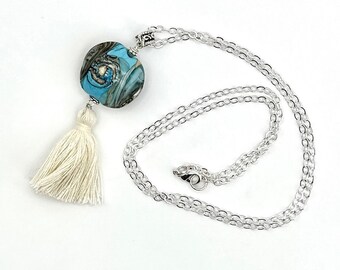 Handmade glass and tassel dangle necklace Lampwork glass bead pendant with Ivory tassel silver chain necklace - Blue/Ivory/Gray Swirl