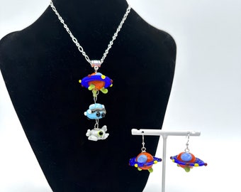 Torchbead Dude, That's my Car! - Original OOAK Lampwork glass necklace and earring set with spaceship, car, truck, and alien on silver