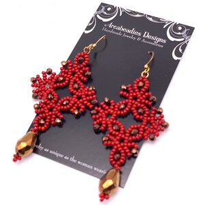 Handmade Earrings Beaded Lucky Knot - Red and Bronze Beadwoven original statement dangle jewelry