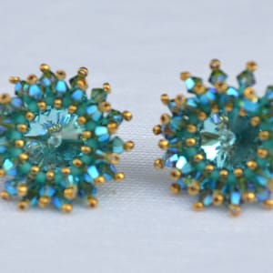 Crystal Handmade Beadwork Earrings Turquoise and Gold stud post - Austrian crystal post earring with bead woven crystal starburst design