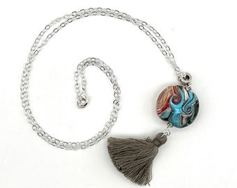 Handmade glass  and tassel dangle necklace Lampwork glass bead pendant with gray tassel silver chain necklace - Blue/Ivory/Red/Gray Swirl