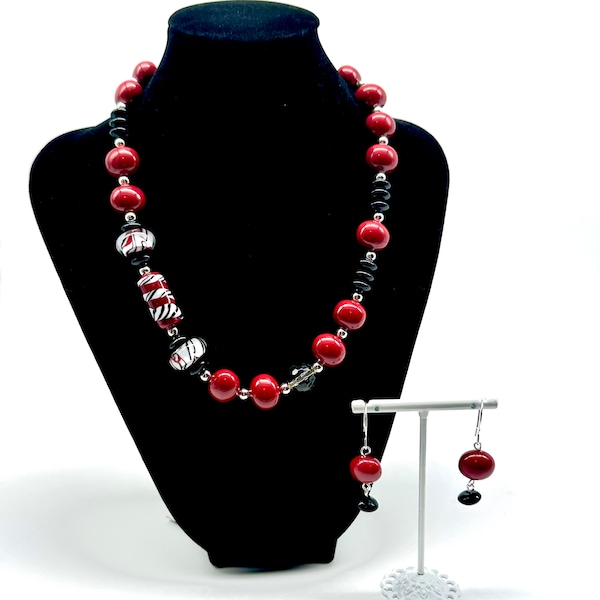 Handmade Original OOAK Necklace and Earring Set Red and Black Lampwork Torch beads and Enameled Porcelain Statement A-Symetrical Collar