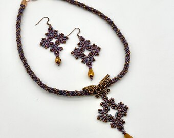 Beadwork necklace and earring set- Purple and Bronze - Chinese knot inspired original design Beautiful lightweight with crystal accents