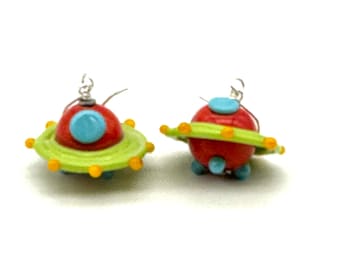 Art Glass Retro Spaceship Earrings Handmade Lampwork UFO/UAP Dangle Earrings Alien Sci-Fi  Whimsical Space Travel Science