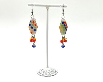 Colorful Handmade Torch Glass Bead Dangle Earrings!  Fun dot pattern, summer bright colors, crystal dangle silver fish-hook perfect gift