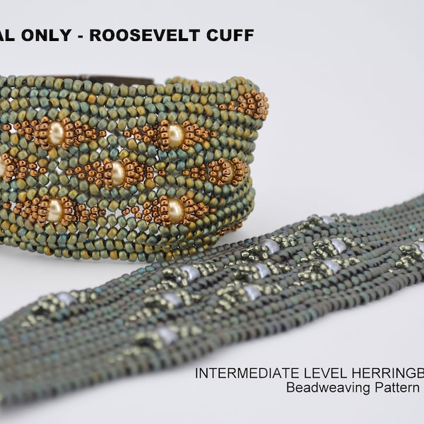 PDF TUTORIAL - Roosevelt Cuff Bracelet - Intermediate Level Herringbone Stitch Beadweaving Pattern