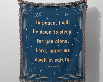 Lord Sleep Woven Blanket | Psalm 4:8 Christian Faith Present | Navy Blue Stars Space Galaxy | Home Decor Jesus Throw | Scripture Tapestry
