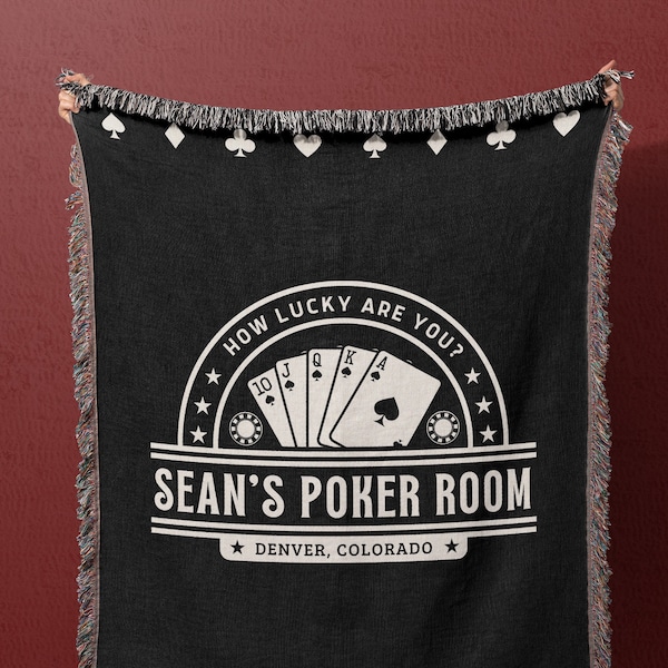 Personalized Poker Room Woven Blanket | Casino Cave Gambling Gift | Playing Cards Chips Throw | Custom Home Decor | Man Name Place Birthday