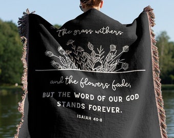 Flowers Christian Woven Blanket Black | Isaiah 40:8 Gift | Christian Faith Present | Grass Withers Fade | Wildflowers Home Decor Jesus Throw