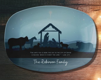 BULK Personalized Nativity Platter | Name Custom Christmas Decor | Christian Scripture Gift Present | Nativity Scene Jesus Serving Plate