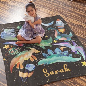 Name Blanket- Dinosaurs in Space Kids Throw | Child Birthday Gift | Nursery Room Decor | Stars Planets Personalized | Custom Baby Shower