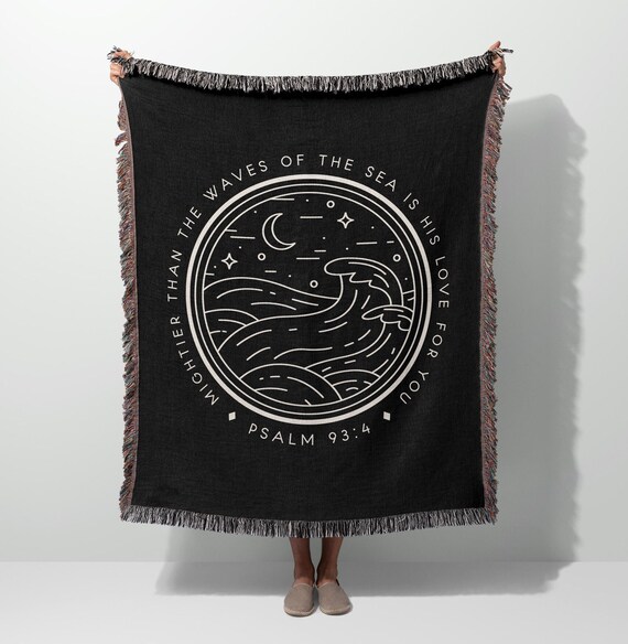Scripture Waves Woven Blanket | Psalm 94:4 Christmas Gift | Christian Blanket | Inspiring Present | God Jesus Decor | Black White