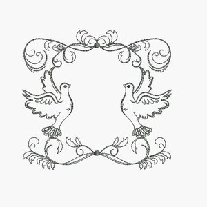 Op de afbeelding: Een zwart-witte lijntekening van twee duiven met gespreide vleugels, die elkaar aankijken. De duiven worden omlijst door een decoratief bloemmotief.