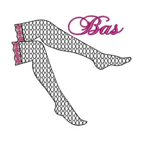 Könnte beinhalten: Schwarz-weiße Linienzeichnung eines Beinenpaares, das Netzstrümpfe trägt, mit dem in Pink gestickten Wort "Bas" über den Beinen.