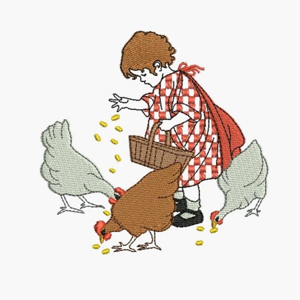 Instant Download Machine Embroidery  design Little girl and her hens