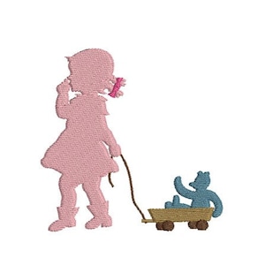 May include: A pink silhouette of a girl pulling a toy wagon with a blue teddy bear inside.