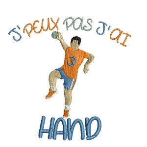 Könnte beinhalten: Eine Illustration einer Person, die Handball spielt. Die Person trägt ein orangefarbenes Trikot mit der Nummer 3, blaue Shorts und orangefarbene Schuhe. Der Text "J'PEUX PAS J'AI HAND" ist um die Person herum geschrieben.