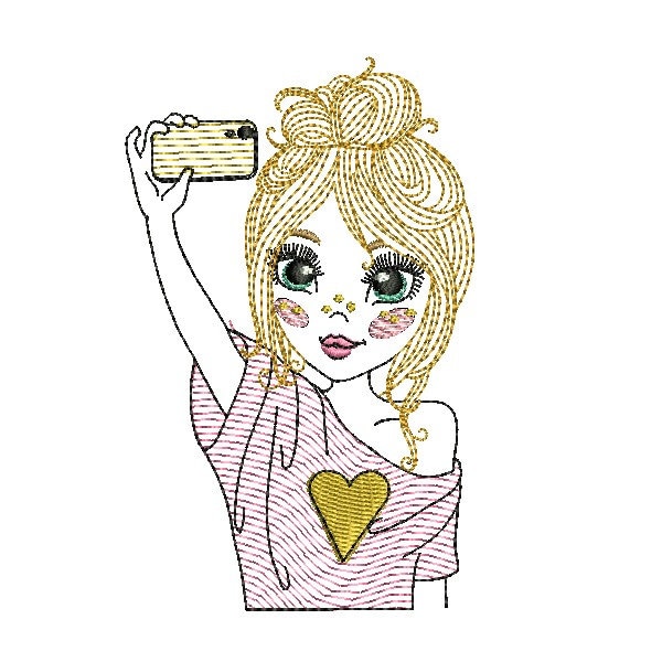 Motif de broderie machine fille faisant un selfie en mylar