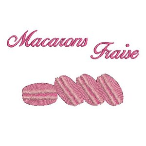 Peut inclure: Broderie de macarons roses avec l'inscription "Macarons Fraise" en écriture cursive. Les macarons sont rose clair avec une garniture rose plus foncée. L'image est sur fond blanc.