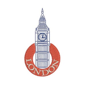 May include: A red circle with the word "LONDON" written around it in white. A blue outline of Big Ben is inside the circle.