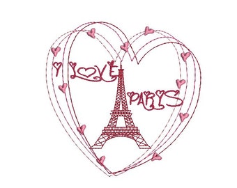 instant download embroidery design Paris with heart eiffel tower