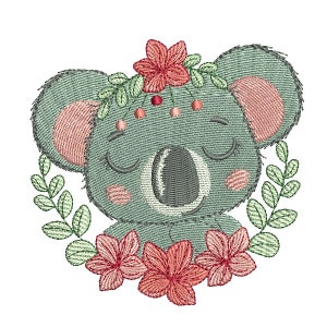 Motif de broderie machine koala endormie  aux fleurs