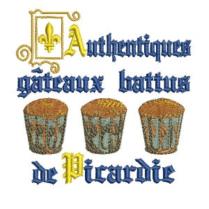 Puede incluir: Tres pasteles amarillos y azules con una flor de lis dorada y el texto "Authentiques gateaux battus de Picardie" en azul y dorado.